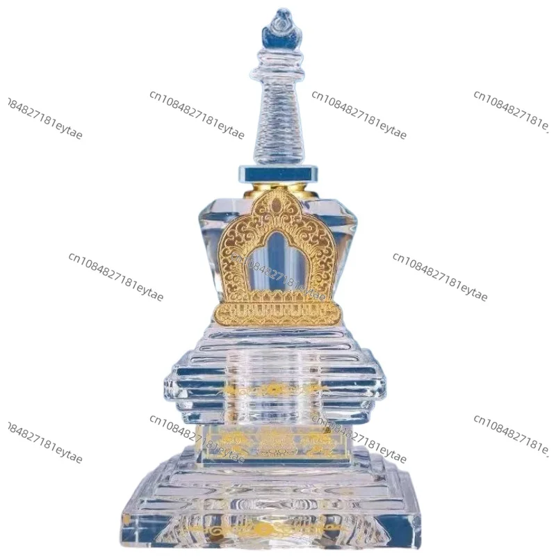 Crystal Stupa Pagoda - 18cm Engraved Double-Layer Transparent Tower for Buddhist Altar & Religious Display