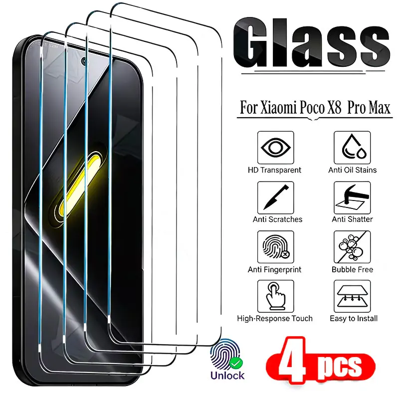 4 Stück Entsperrbare Displayschutzfolien für POCO X8 Pro Max F8 Ultra F7 F6 F5 X7 X6 M7 M6 X5 X4 X3 Pro Schutzglas