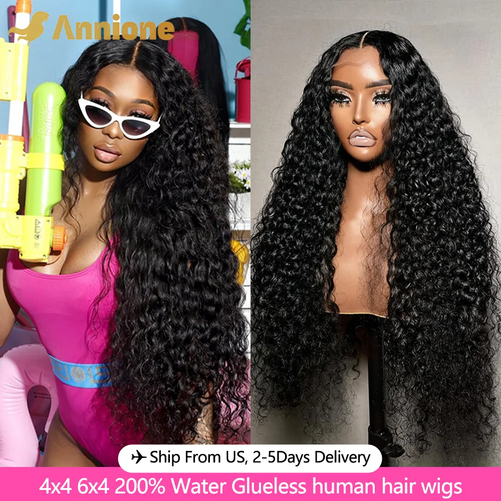 Annione 6x4 Glueless Wig Human Hair Ready To Wear 28 inch Deep Curly Wigs 6x4 Transparent Lace Closure Glueless Wigs Human Hair