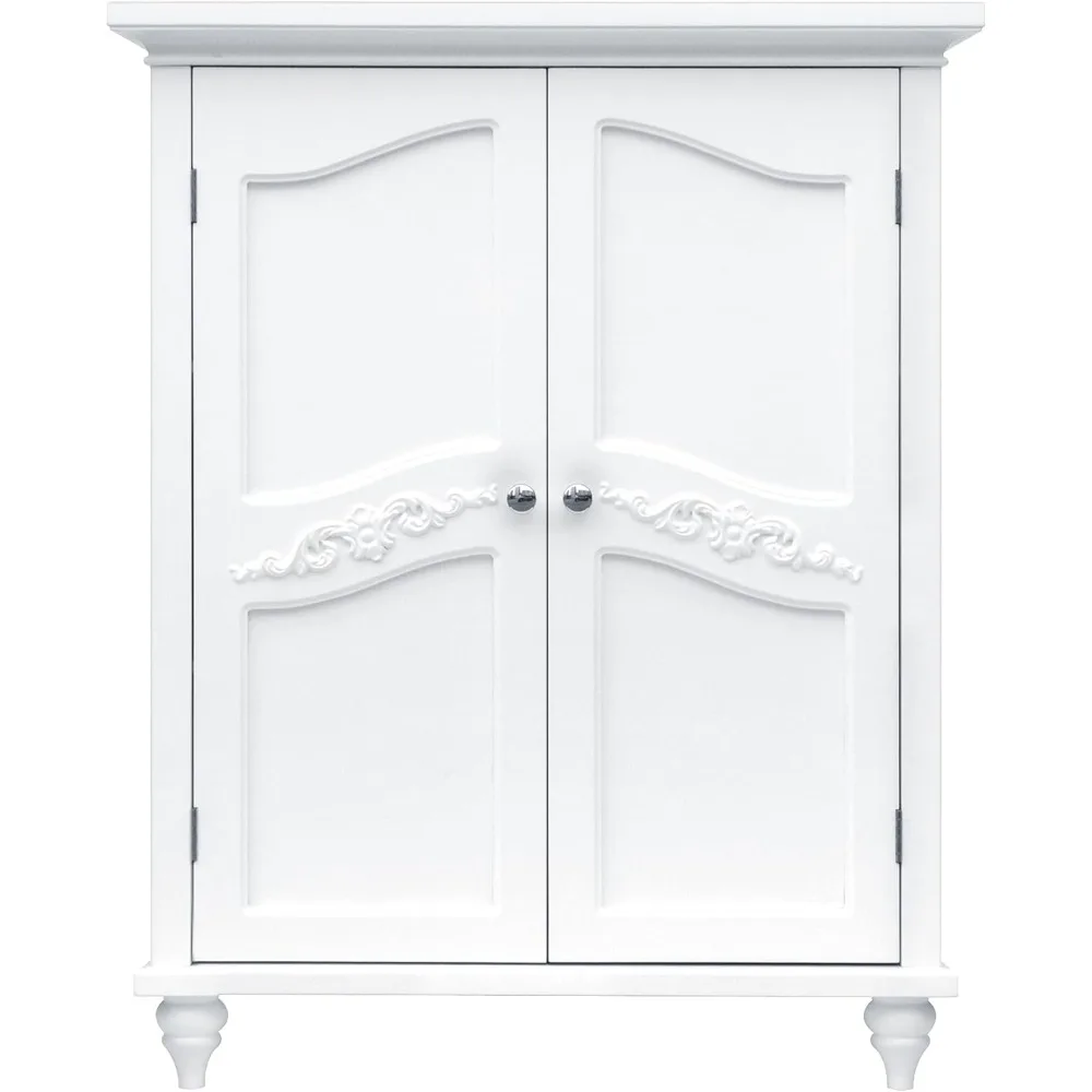 

Wooden Freestanding Floor Storage Cabinet with 2 Adjustable Interior Shelves 3 Storage Spaces and 2 Floral Scroll Doors, White