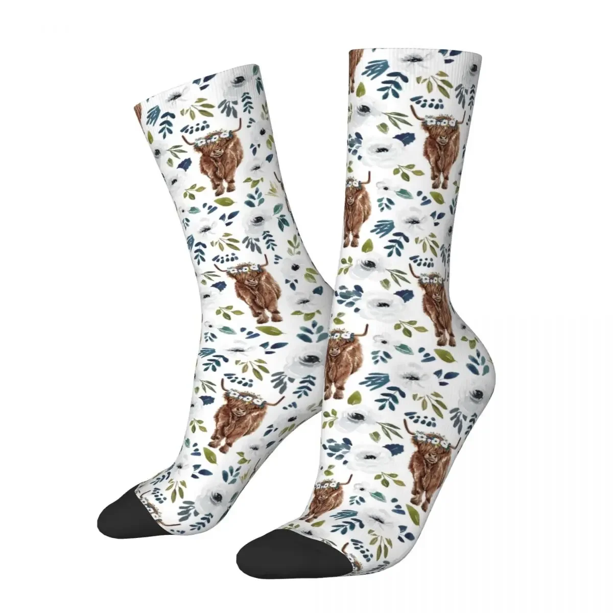 

Highland Cow, Floral, Floral Crown, Cow Painting, Farmhouse Decor Socks Harajuku Super Soft Stockings All Season Long Socks