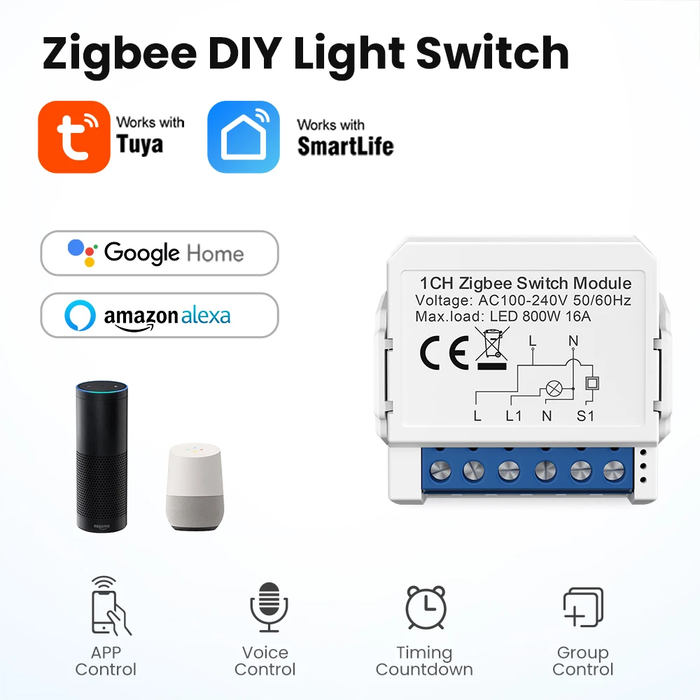 AVATTO Tuya Smart Zigbee Light Switch Module 1 2 3 4 Gang 110V-220V Supports 2 Way Control Work for Alexa Google Home