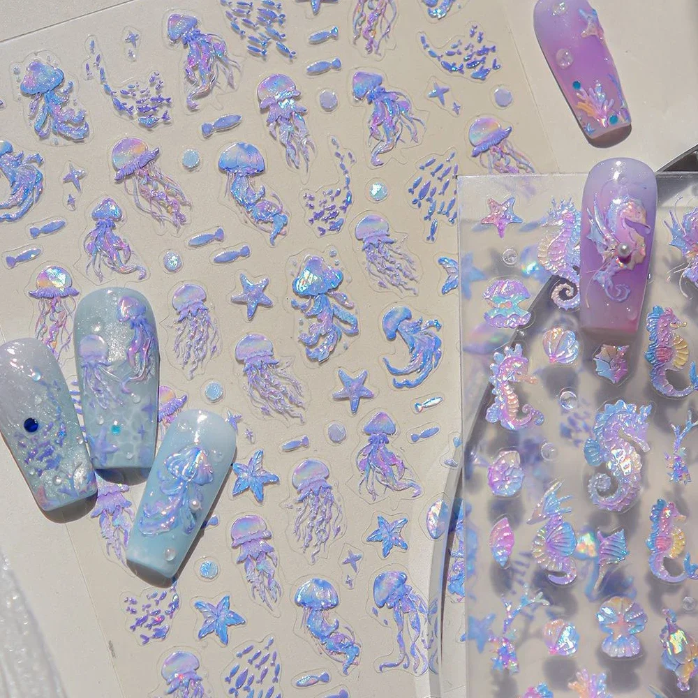 Lucido Pesce rosso Medusa Stella marina Conchiglia Conchiglia Koi Sirena Sacchetto di plastica Cavallucci marini Bolla d'acqua Stella Carpa Adesivi per nail art Decalcomanie