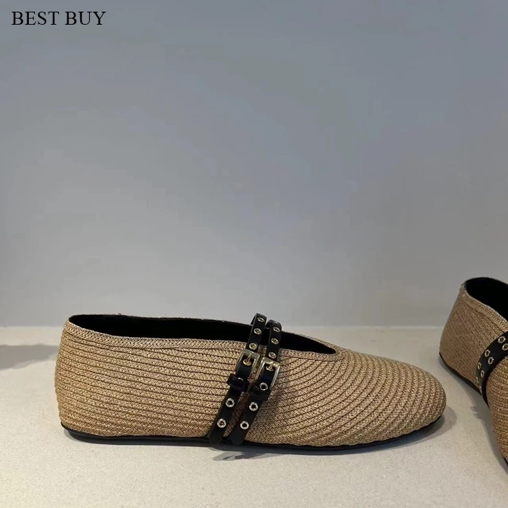 2024 Hand Knitting Buckle Strap Women Ballet Flats Shoes Solid Color Casual Women Mary Janes Shoes Breathable Round Toe Loafers