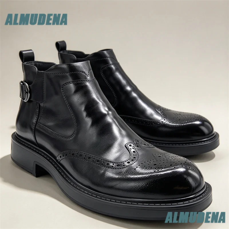 Men Retro Brogue Carved Chelsea Boots Black Buckle Strap Leather Formal Ankle Boots Side Zipper Thick Sole Autumn Men's Boots