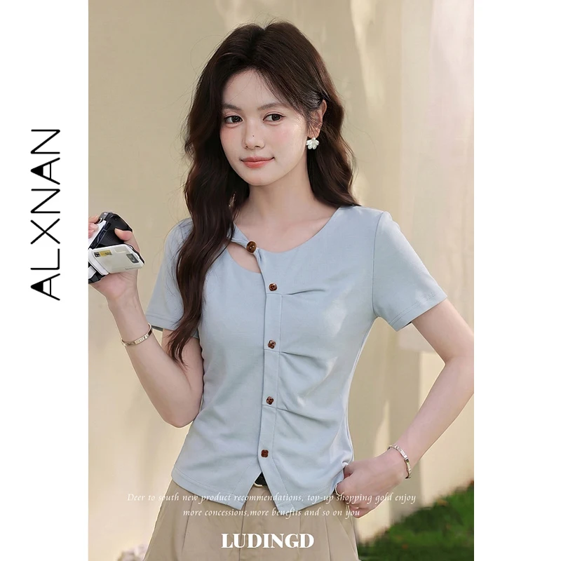 ALXNAN Blue T-shirt Asymmetric Crew Neck Short Sleeve T-shirt Color Contrast Buttons Beaded Hollow Out Front Slit Design L67313A