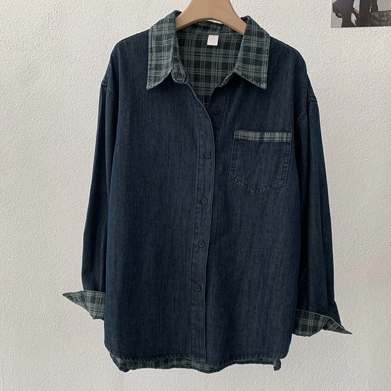 Camisa vaquera con empalme de rejilla para mujer, tops de manga larga holgados y versátiles de longitud media, abrigo informal Vintage a la moda, otoño y primavera