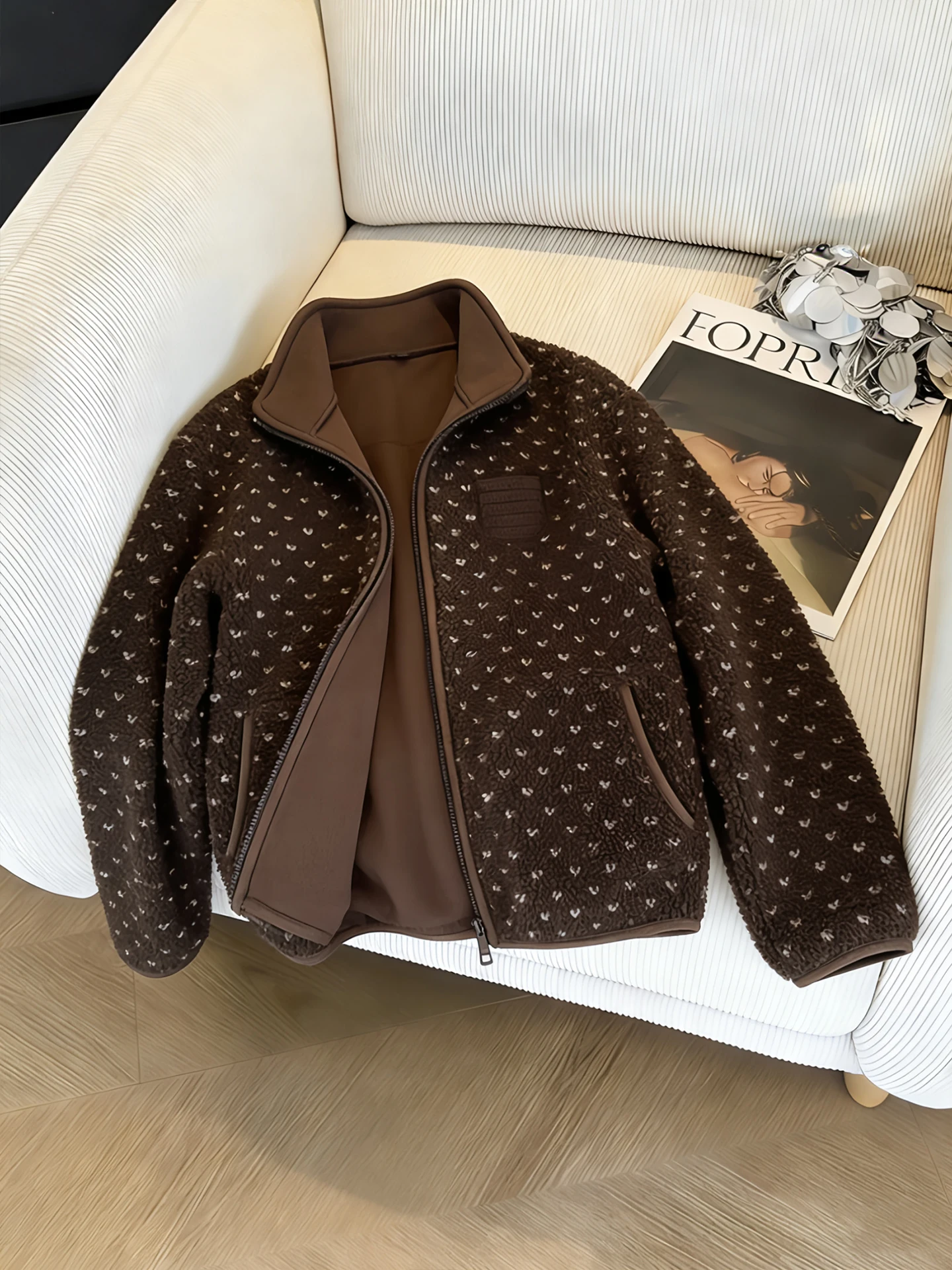 

Retro Polka Dot Print Lamb Fur Collar Zipper Cotton Jaet Women's Autumn Winter Warm Outerwear Casual Loose Fit Long Sve