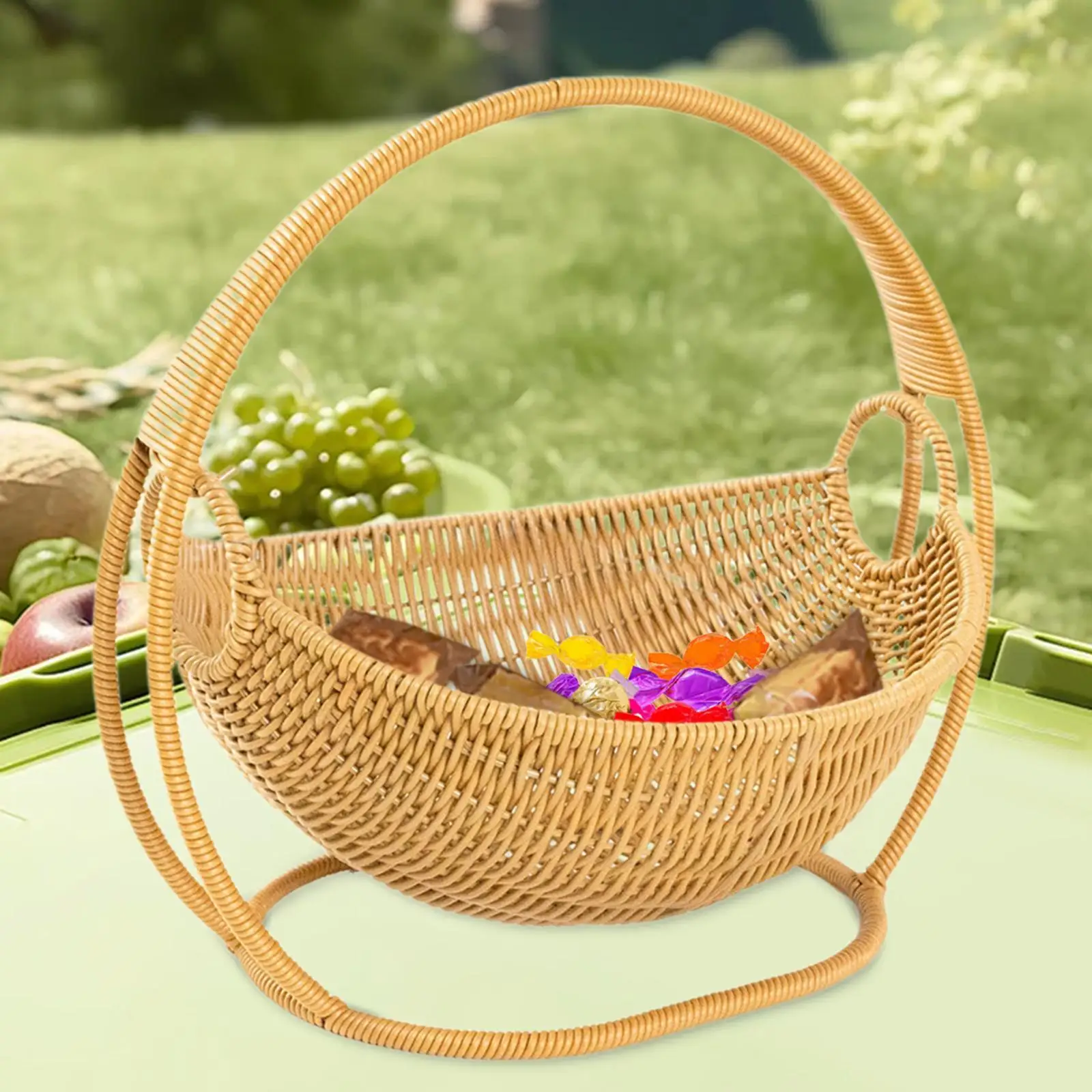 

Корзина с фруктами из искусственного ротанга, многоцелевая для кухонной стойки, органайзер для хранения продуктов 9,4x10,6x11,8 дюйма с верхней ручкой