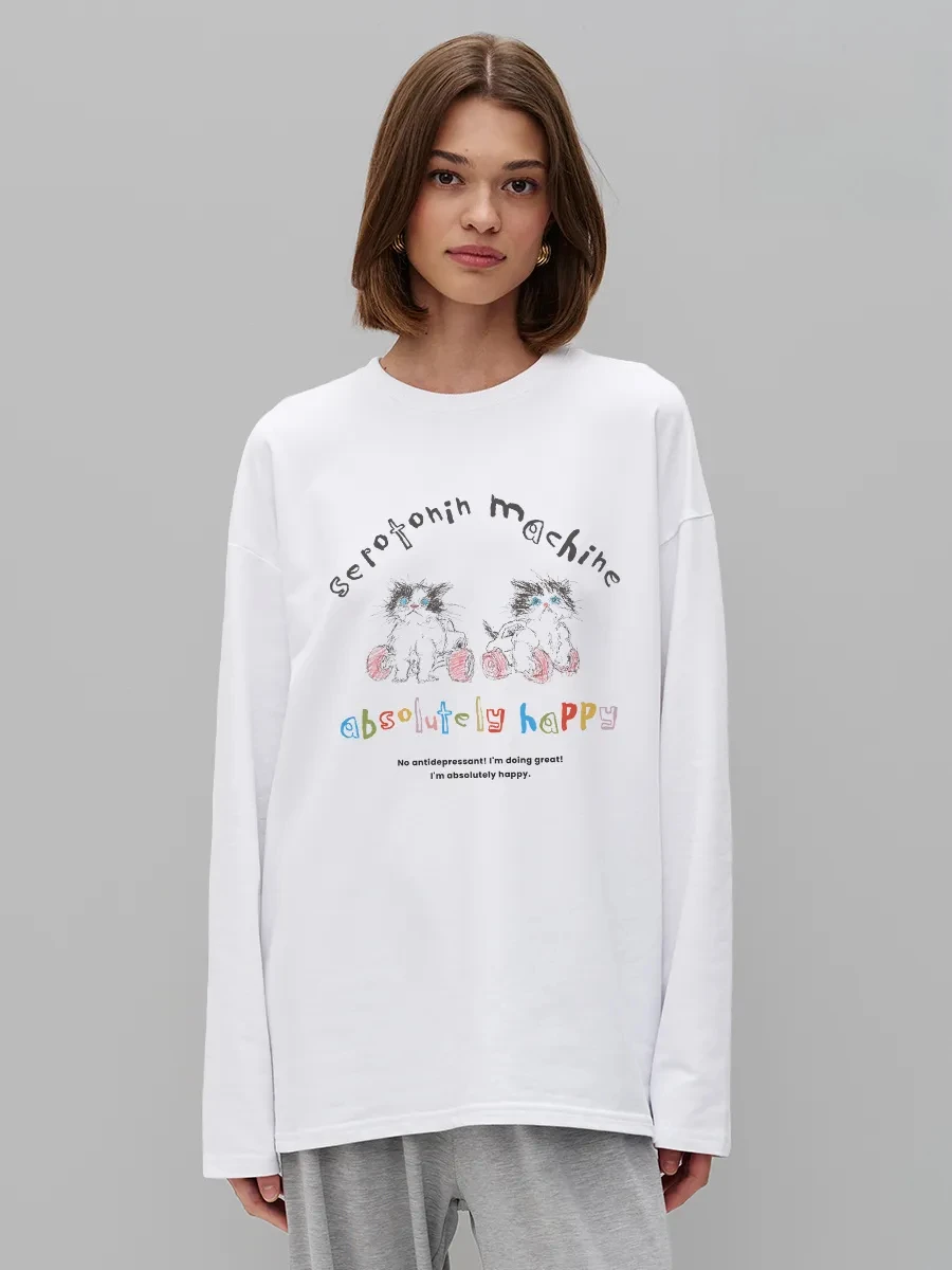 Women Spring Autumn 100% Cotton Long Sleeve T‑Shirt Cute Hand Sketch Cat Colorful Slogan Graphic Print Loose Casual Daily Top