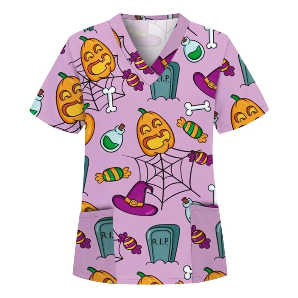 ใหม่ผู้หญิงฮาโลวีนพิมพ์ชุดพยาบาลแขนสั้นชุดสครับคอวีเสื้อกระเป๋าผู้ดูแลทำงานสวมใส่เครื่องแบบทางการแพทย์