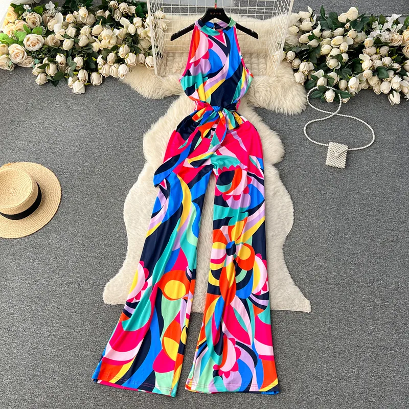 

Holiday style colorful printed hanging neck jumpsuit for women's casual lace up high waisted slim wide leg straight leg pants