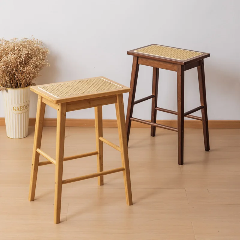 Rattan high stool Japanese retro home thickened high stool strong and durable high bench solid wood island table bar stool