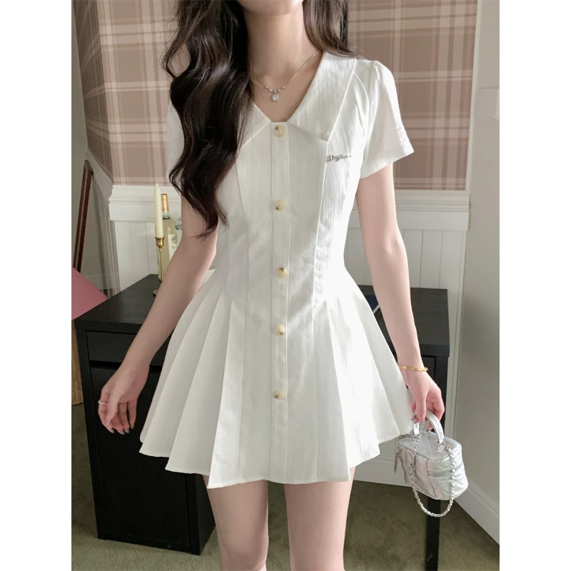 Yuehan Xiaoyu, sal marinho jasmim, vestido camisa branca estilo academia verão primeiro amor cintura saia plissada feminina