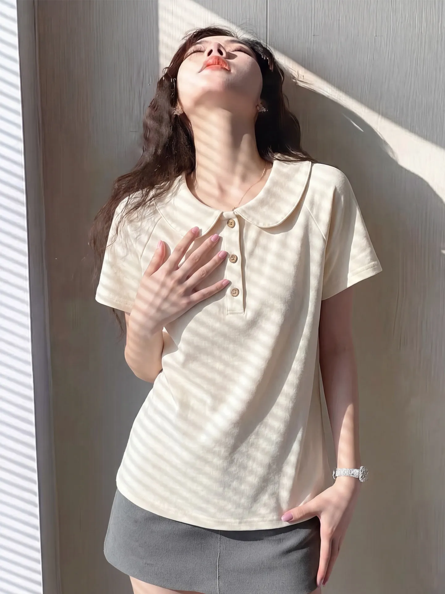 Sweet Style Short Sleeve T-Shirt Women's Doll Collar Button Decoration Summer Slimming Anti-Aging Top Large Size plus Size