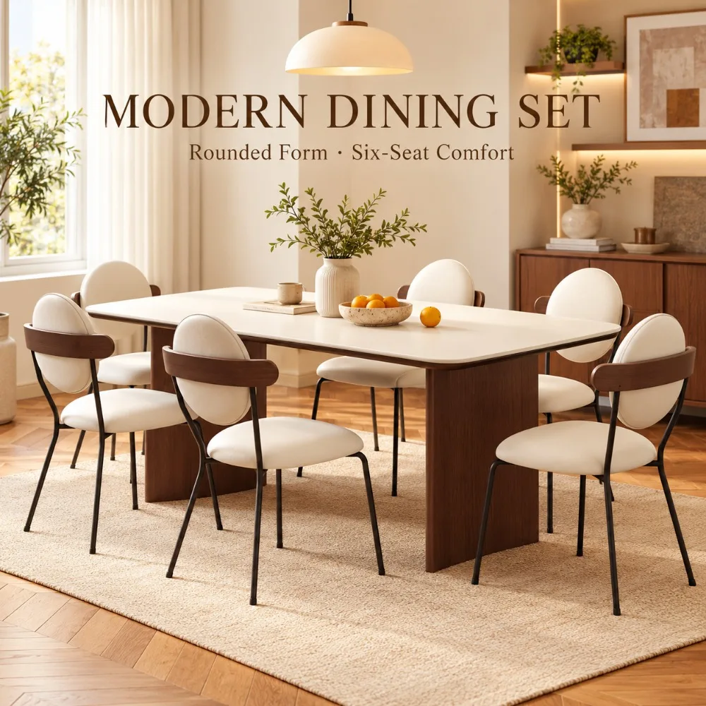 Mid‑Century Retro Sintered Stone Dining Table Set, Walnut‑Tone Rectangular Dining Furniture for Small Home Dining Room