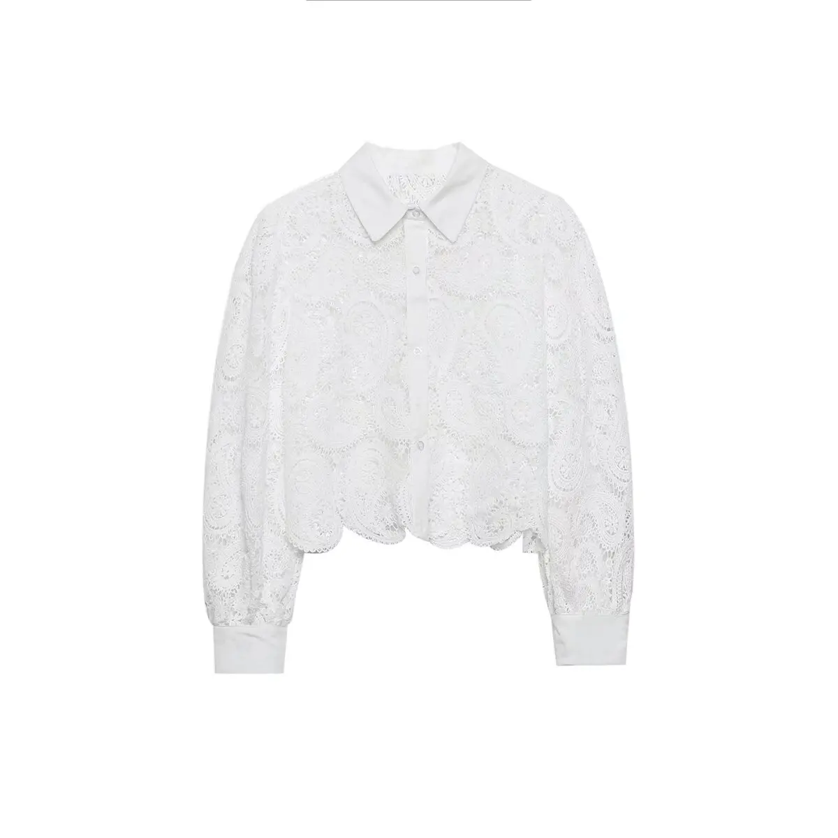 2024 Autumn New Fashion Women\'s European And American Style White Crochet Long Sleeve Lapel Shirt Street Style Casual Top