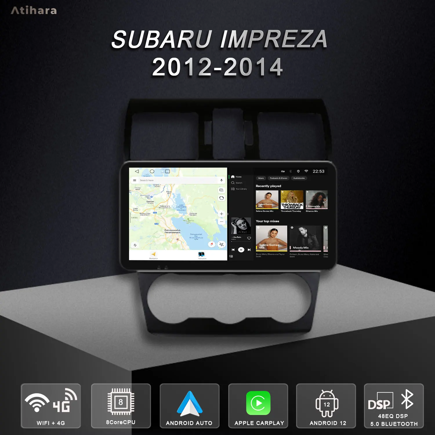 Atihara 10.33 인치 안드로이드 카플레이, 스바루 lmpreza 2012-2014, WIFI + 4G GPS 멀티미디어 비디오 플레이어, AM/FM RDS 스테레오 자동차 라디오