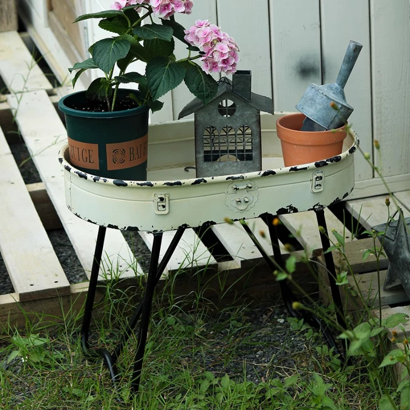 Vintage Iron Flower Stand Rustic Do Old White Plant Holder Garden Balcony Flowerpot Holder Farmhouse Planter Display Rack