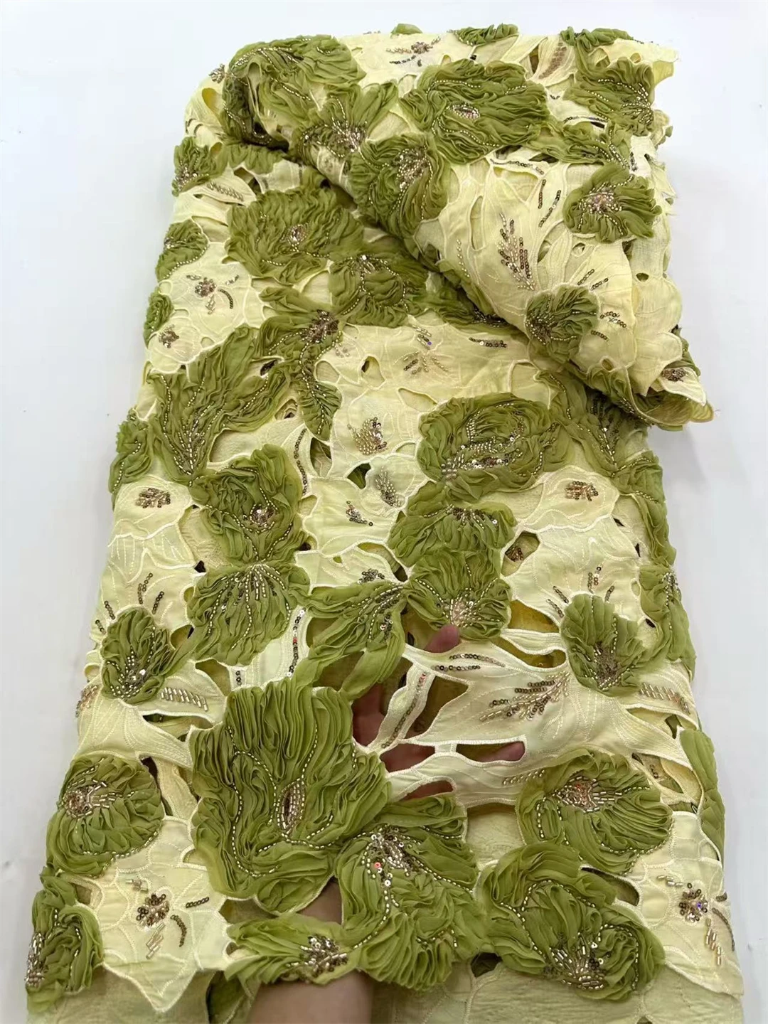 

African Nigerian Sequins Embroidery,3D Flower rufflet Tulle Lace Fabric,Sewing Beads Dress lace,High Quality in 5 yards