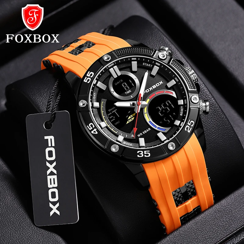 FOXBOX Quartz Wristwatch Men 50m Waterproof Sports Watch Digital Shock Army WatcH Men Military Watch 2024 New Fashion Watches