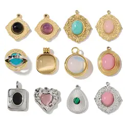 3pcs/Lot French style Stainless Steel 18K Gold Color Natural Stone Rhombus Heart Charms Necklace DIY Small Pendant Wholesale