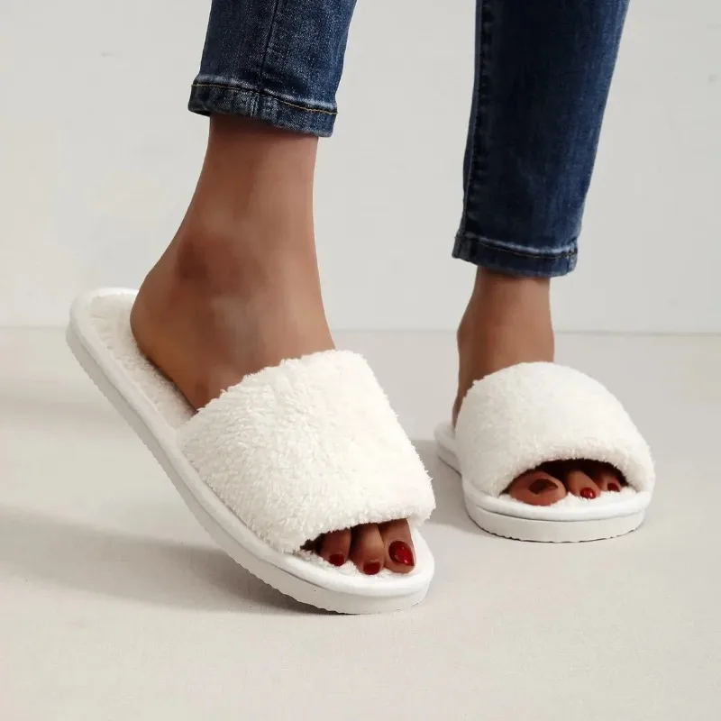 Four Seasons New Women's Home Slippers Slides Sandals Shoes White Fur Warm Plush Comfortable Lightweight Flat image 5