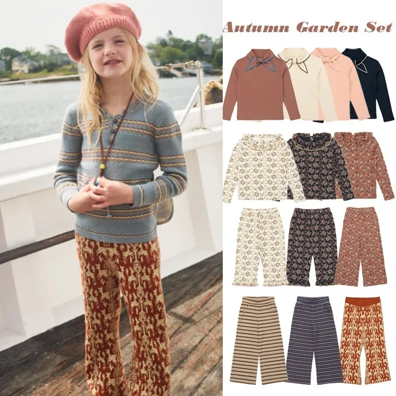 

Girls' Long Sleeved T-shirt 2025 Autumn New Print Fashionable Bow Bottom Shirt Top Pure Cotton Warm Girls' Lace Knitted Pants