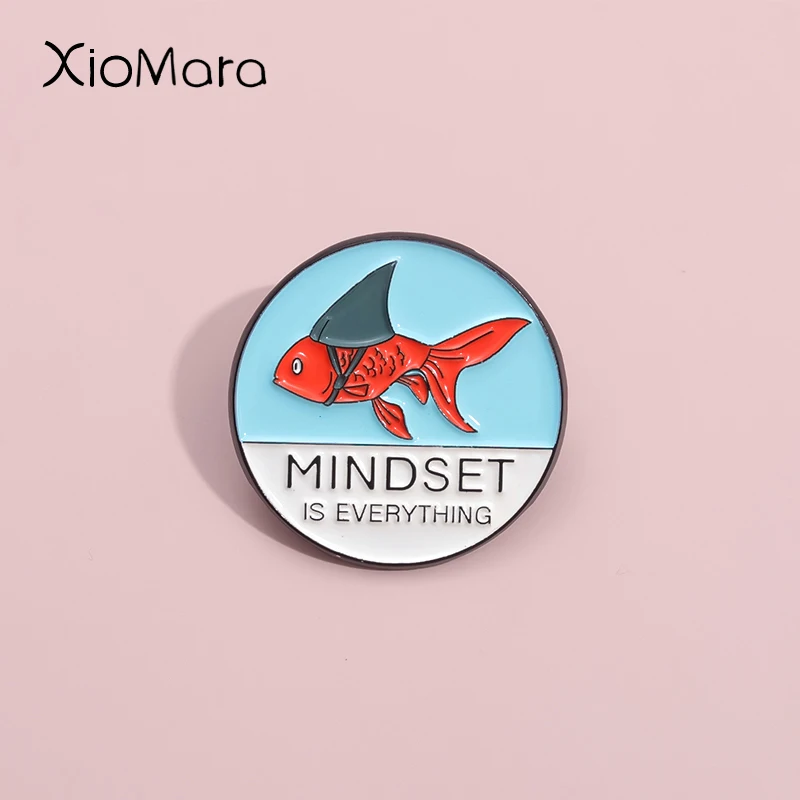 Mindset Is Important Lapel Sharks Goldfish Carp Lucky Badge Enamel Pins For Backpacks Decoration Jewelry Gifts For Best Friend