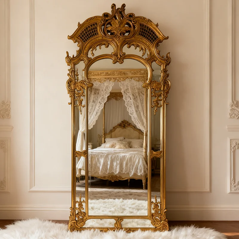 مرايا أرضية عتيقة لكامل الجسم، مرايا واقفة فاخرة للأميرة الاسكندنافية لكامل الجسم، تصميم ذهبي، ديكور غرفة Espejos De Piso
