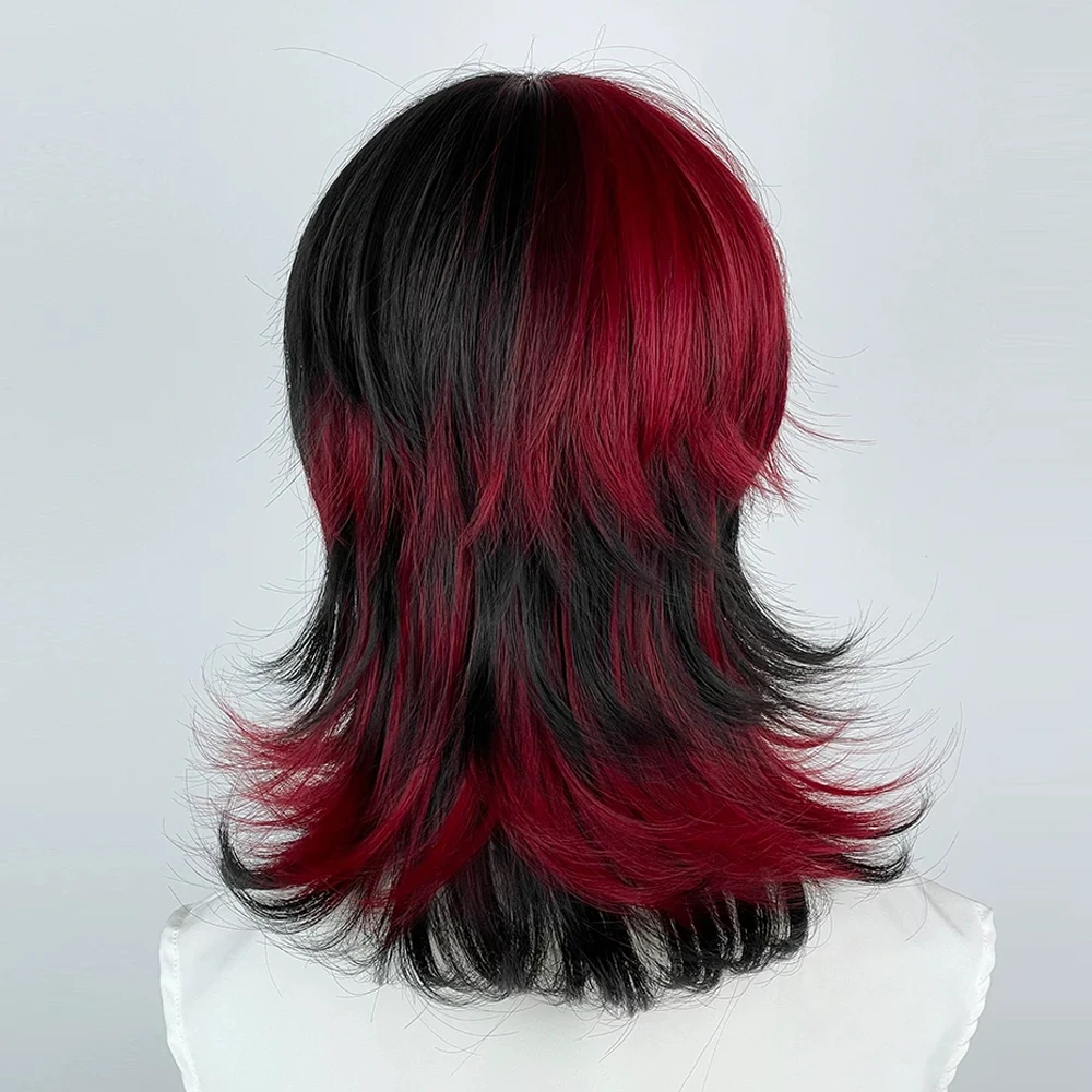Red Ombre Black Synthetic Medium Long Straight Mullet Head Wigs with Bangs Lolita Cosplay Fluffy Wig for Daily Party