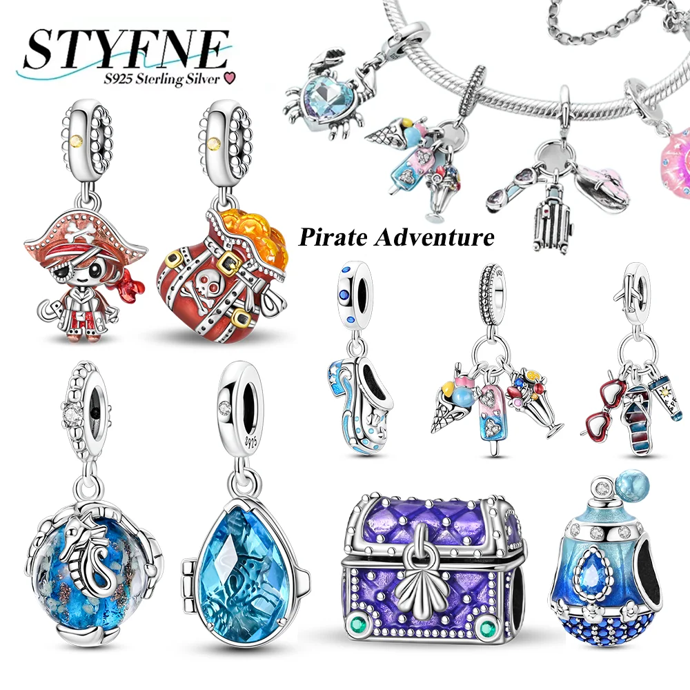 New Silver 925 Mr.Pirate & Treasure & Gold Coin & Turtle Beach Fruit Shell Charms for Women Diy Original Bracelet Jewelry Gift