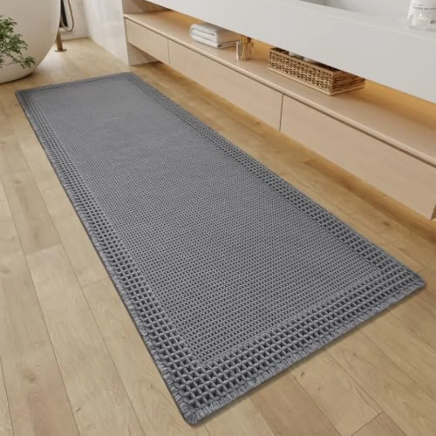 

Waffle Bathroom Runner Rugs Super Absorbent Bath Mat Non Slip Washable Quick Dry Upgraded Ultra Soft Boho Bath Rugs with Tassel