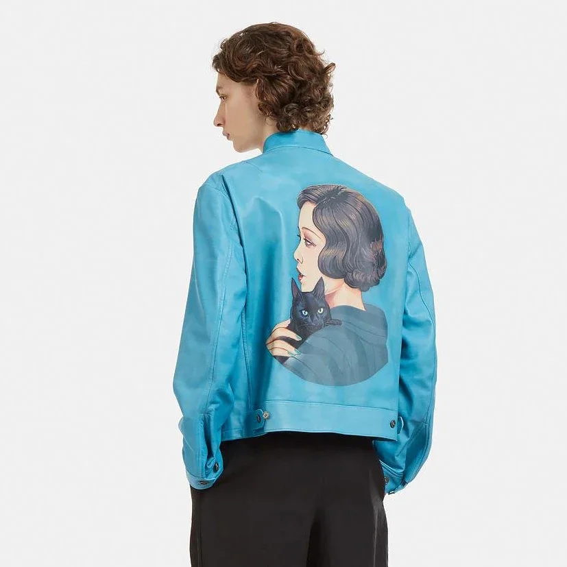 

YOJI OOAK кошка обнимающая синяя мотоциклетная куртка из воловьей кожи на шнурке, кожаная куртка с принтом Напа, бейсбольная куртка