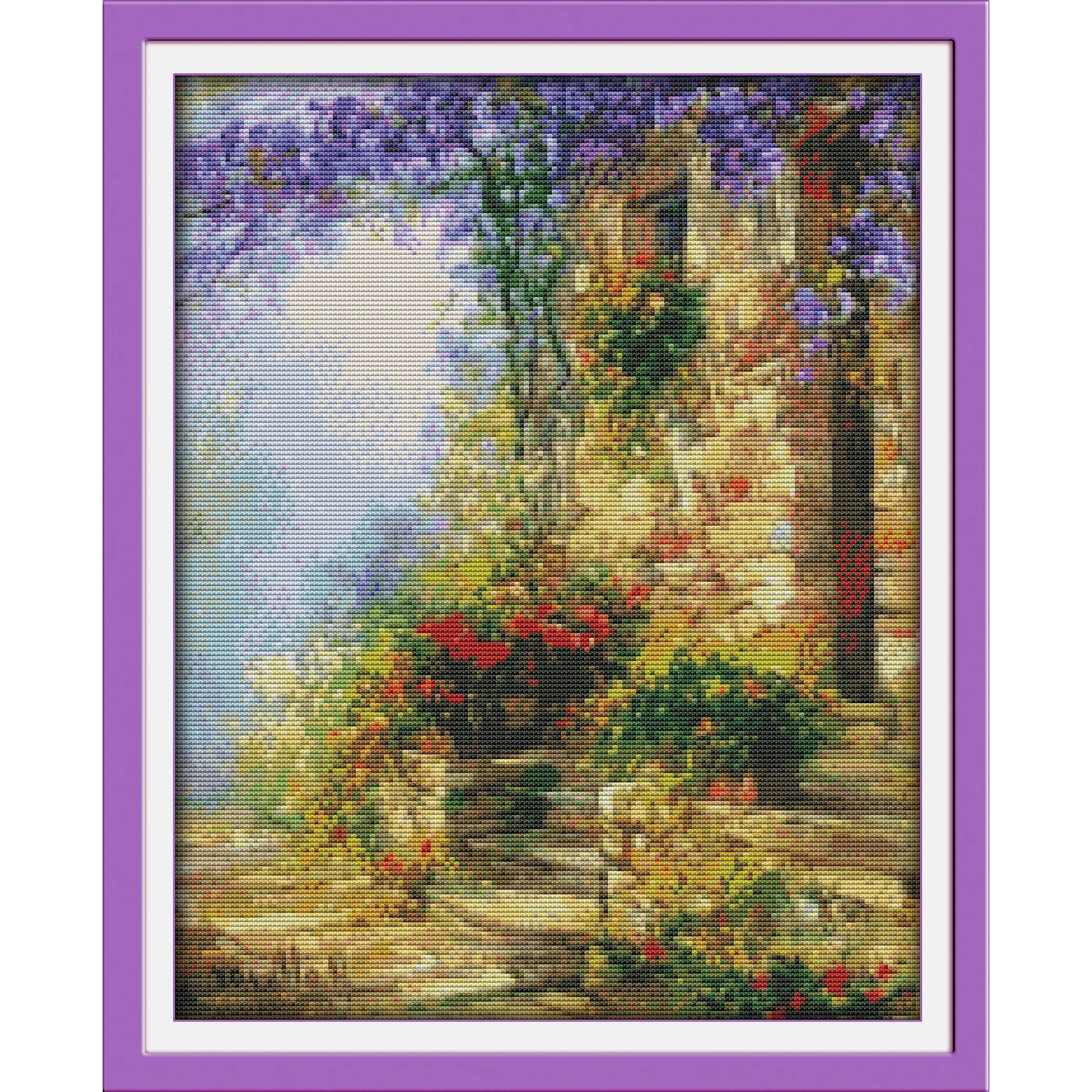 

Soulgift News Pre-Printed Cross Stitch Kit, Stamped Aida Fabric with DMC Threads, Embroidery kit - Flower Path