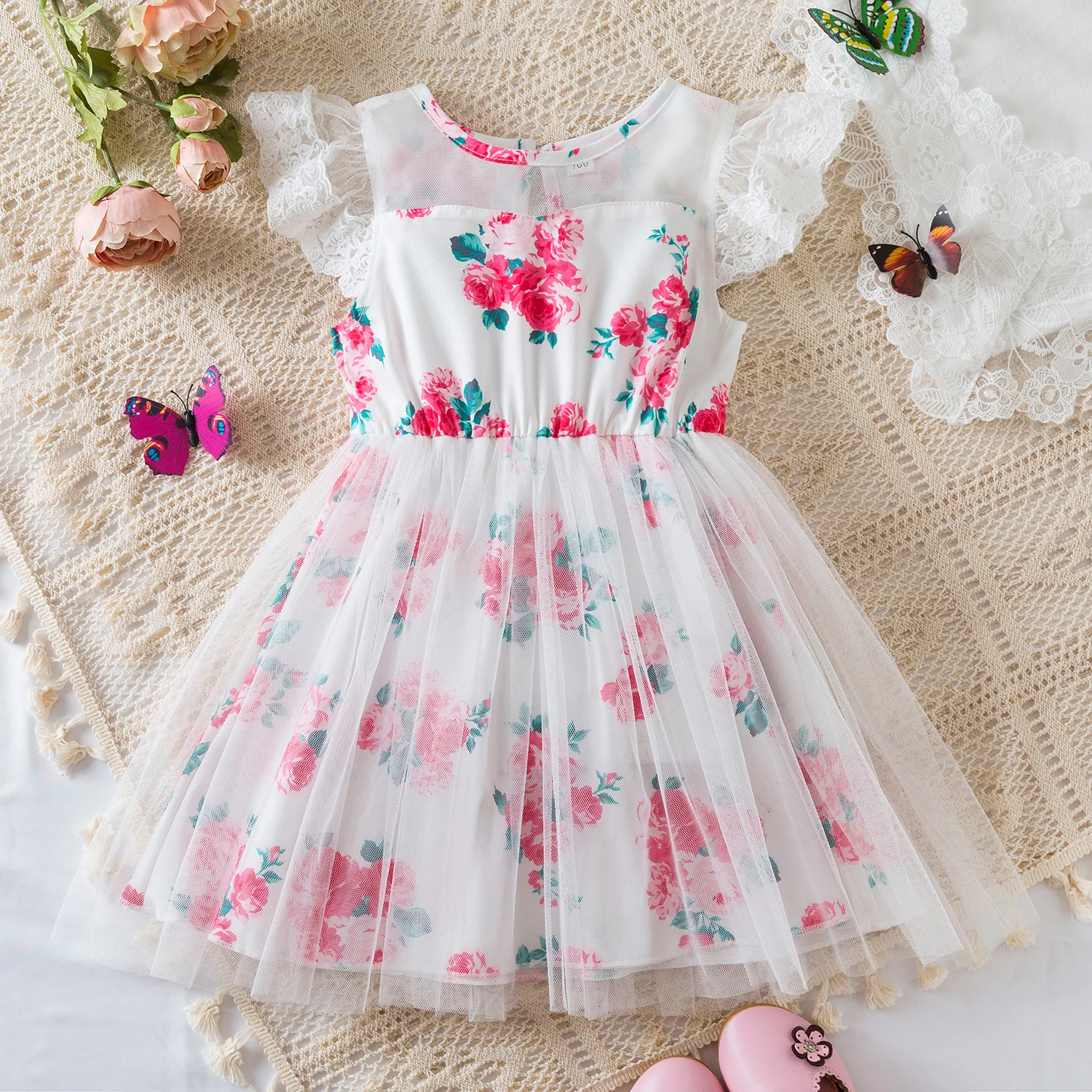 

2024 New Kids Clothes Summer Floral Dress Princess Lace Ruffles Mesh Children's Casual Clothing Sweet Baby Dress Wear 2-6Yrs