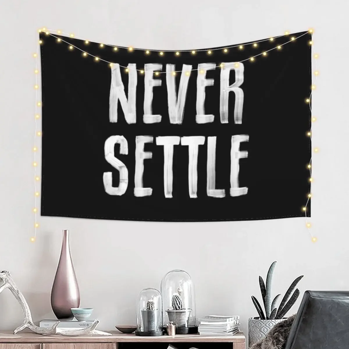 NEVER SETTLE black and white hand lettered motivational typography inspirational home wall bedroom decor Tapestry