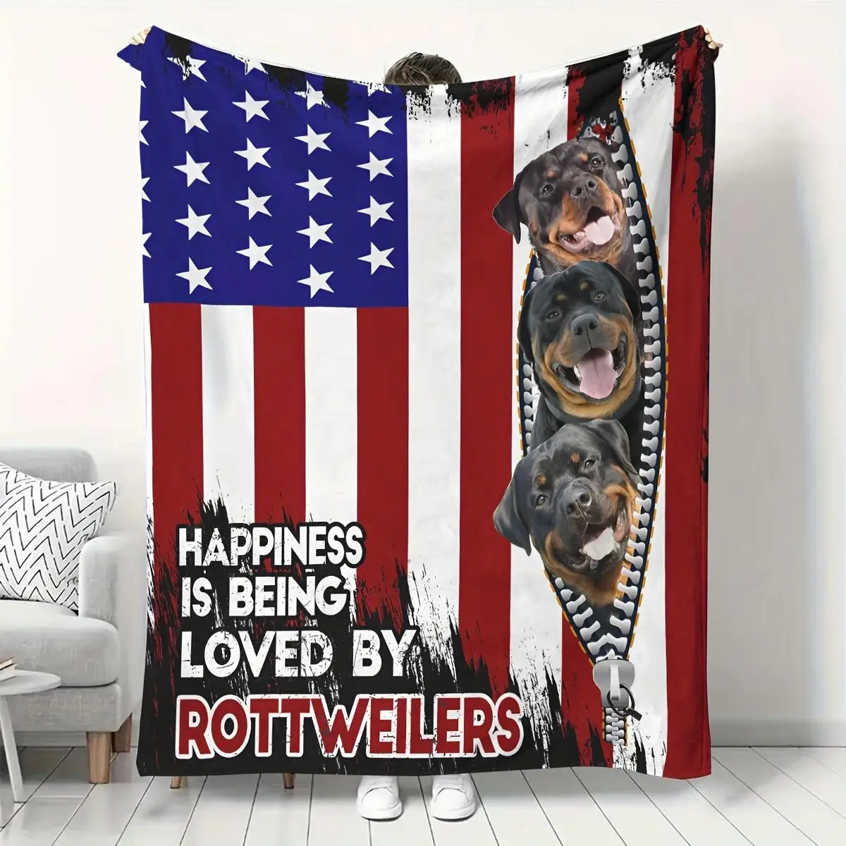 Giant American Flag Rottweiler Dog Lovers Throw Blanket USA Patriotic Pet Portrait Couch Decor Gift Idea