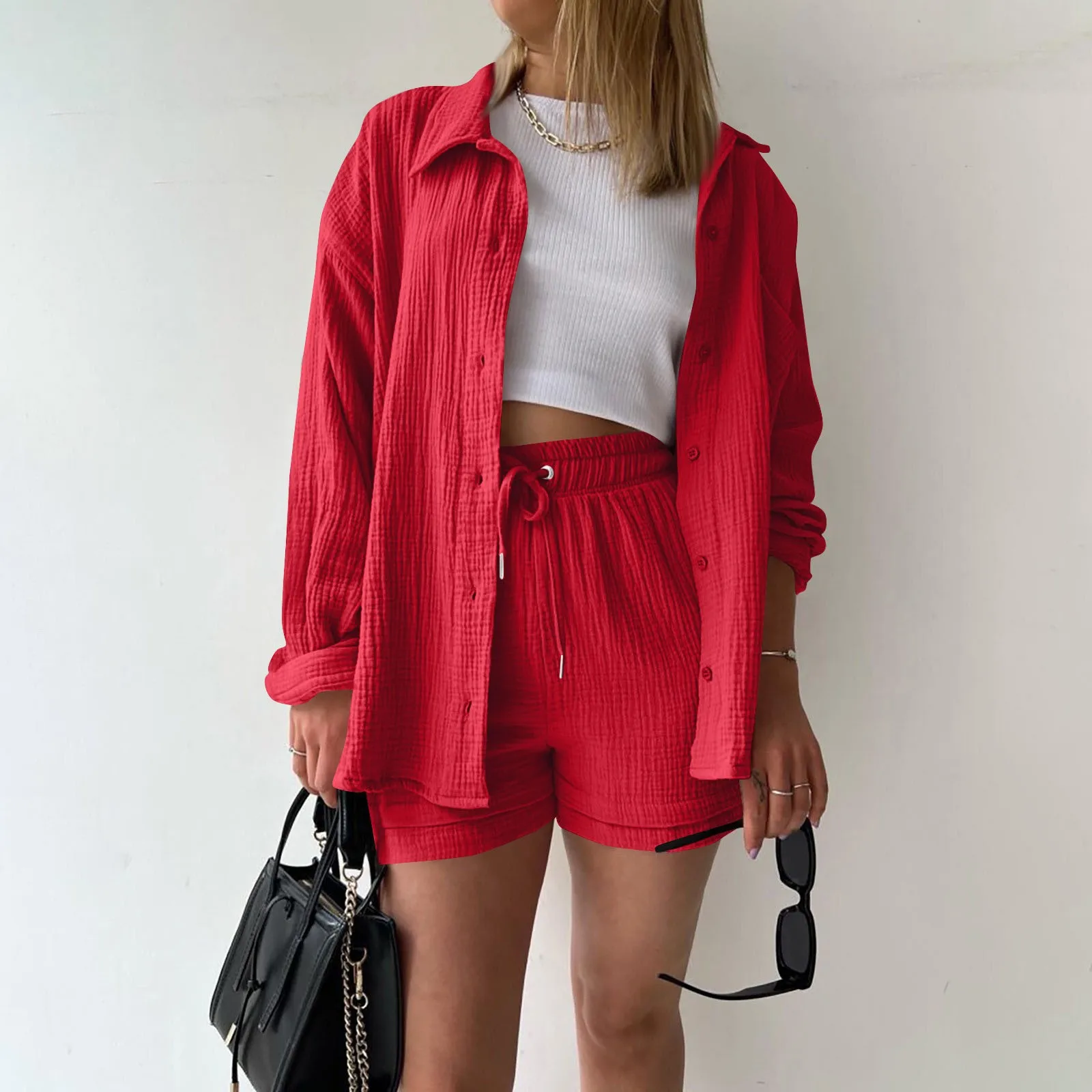 Summer Cotton Linen High Waist Shirt Shorts Women Turn Down Collar Long Sleeve Tops and Shorts Suit Cotton Casual Two Piece Sets