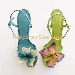 Women's Blue Green Novelty Butterfly Decor Ankle Buckle Sandals Sexy Peep Toe Fashion Design Stiletto Sandals Banquet Dress Shoe