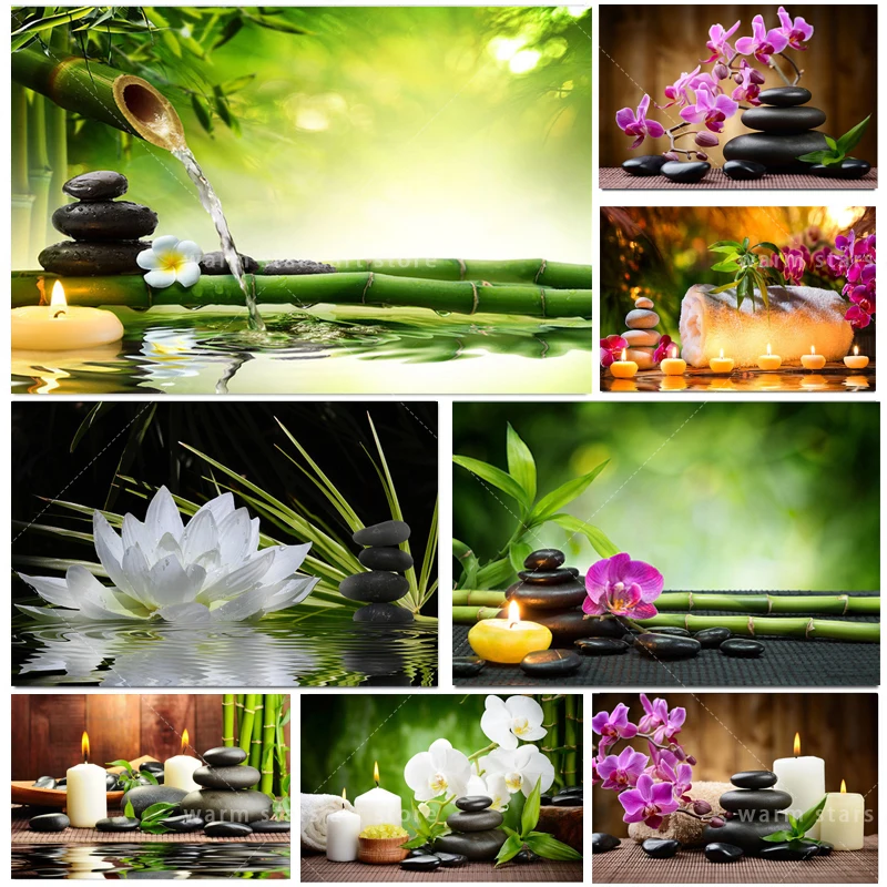 

Zen Stone Green Bamboo Red Flowers Painting Bathroom Print Art Canvas Poster For Living Room Decor Home Wall Picture