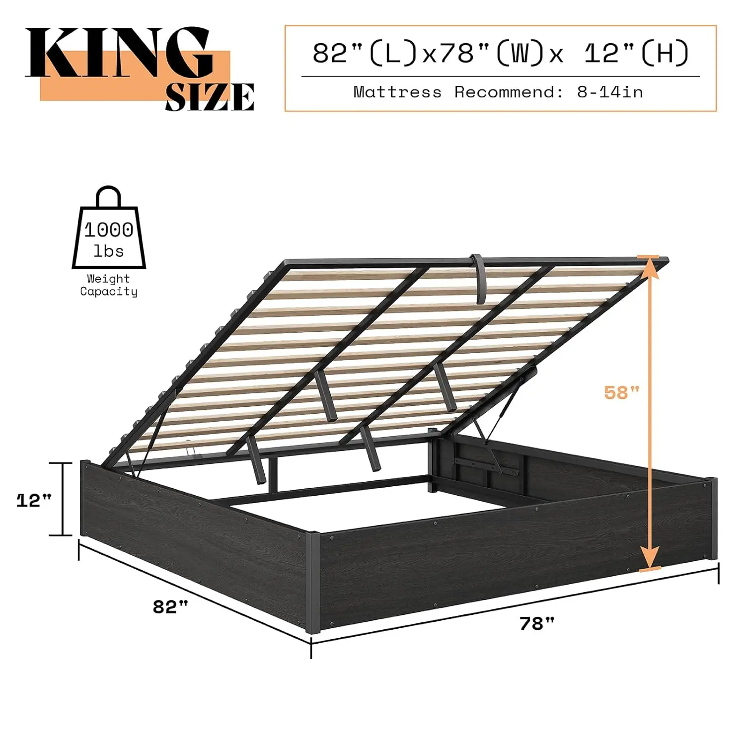 King Lift Storage Bed Frame Dark Oak No Box Spring Space Saving Hidden Storage No Headboard Modern Farmhouse Style Easy Assembly