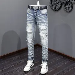 Street Fashion Men Jeans Retro Blue Stretch Skinny Fit Hole Ripped Jeans Men White Leather Patched Designer Hip Hop Brand Pants