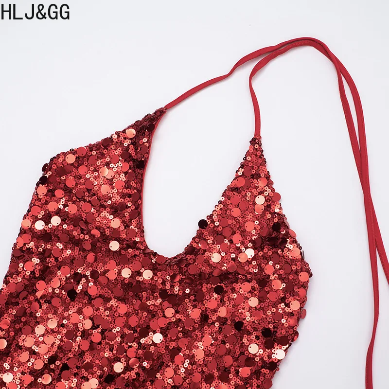 HLJ&GG Sexy Sequin Hollow Backless Bodycon Mini Dress Women Deep V Sleeveless Lace Up Slim Vestidos Fashion Party Club Clothing