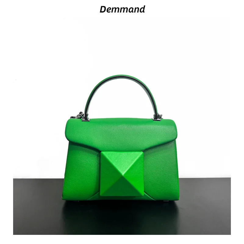 

Genuine Leather Rivet Shoulder Bag 2025 Luxury Design Commuter Mini Cowhide Crossbody Bag Vintage Green Fashion Ladies Handbag