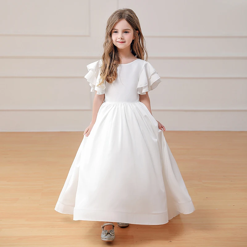 

Elegant White Bridal Party Dress for Girls A-line Puffy Flower Girl Dress Floor Length Prom Dress Ruffled Sleeves Pageant Dress