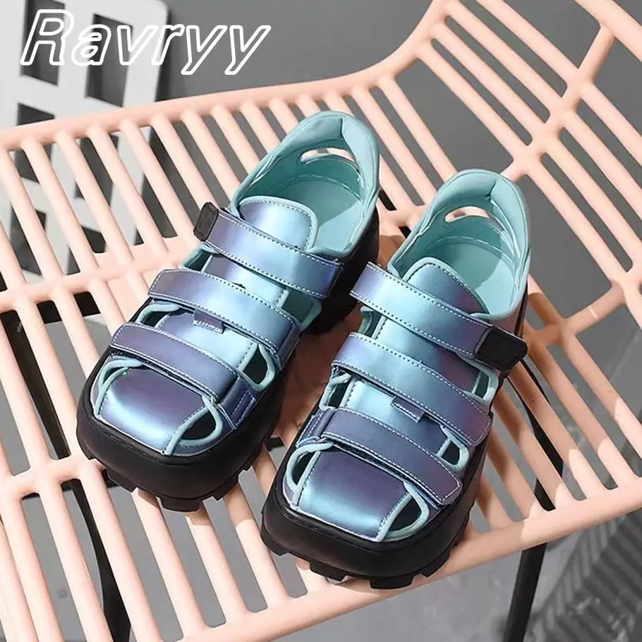 

Blue Micorfiber Leather Square Toe Hollow Sandals 2023 Summer New Thick Bottom Flat Shoes Silk Matte Breathable Women Shoes