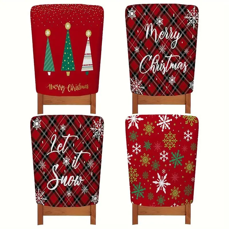 VIKAMA 4pcsXmas Dining Chair Slipcover Christmas Tree Print Dustproof Easy Install For Kitchen Banquet Christmas Party Decor