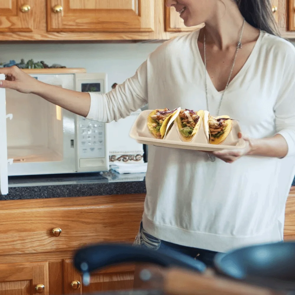 50Pcs 3 Compartments Disposable Taco Plates with Lid Biodegradable Taco Holder Stackable Pulp Taco Serving Tray Restaurant
