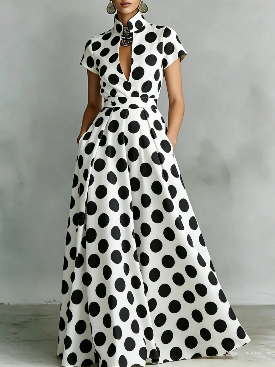 

Fashion Women Polka Dot Print Maxi Dress Stand Collar Short Sleeve High Waist A Line Wedding Guest Evening Party Long Vestidos
